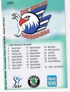 Playerkarte 1999/2000 #001 Checkliste Adler Mannheim