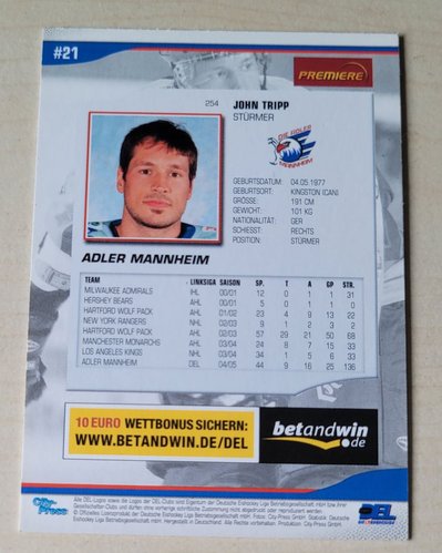 Playerkarte 2005/2006 #254 John Tripp Adler Mannheim