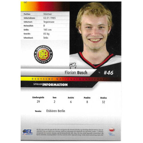 07-08 Playercards DEL #047 Florian Busch Germany (Base-Card)