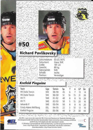 Playerkarte Richard Pavlikovský #137 – Krefeld Pinguine 2006/2007 – City Press