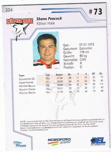Playerkarte 2002/2003 #204 Shane Peacock Kölner Haie