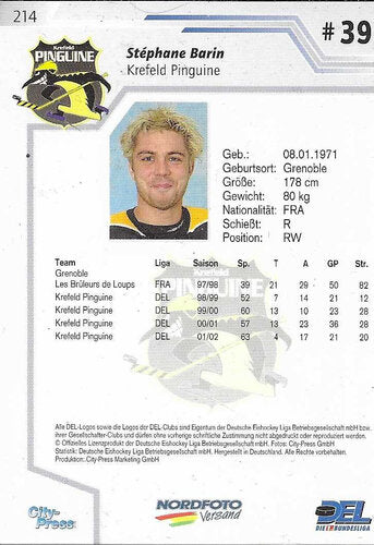 DEL Playerkarte 2002/03 Stéphane Barin #214 – Krefeld Pinguine