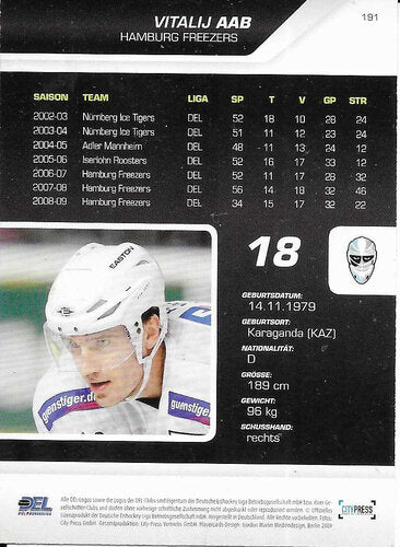 Playerkarte Vitalij Aab #191 – Hamburg Freezers 2009/2010