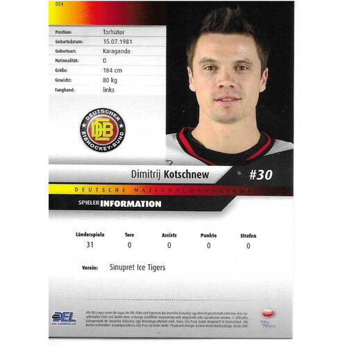 2007-08 DEL Playercards #054 Dimitrij Kotschnew Germany (Base Card)