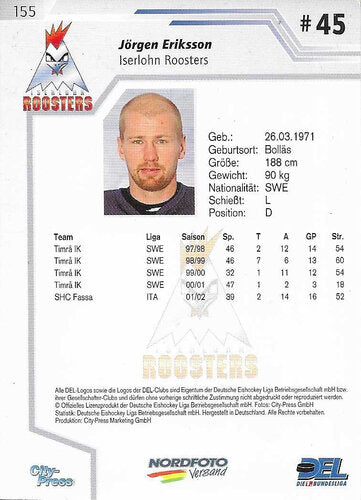 DEL Playerkarte 2002/2003 #155 – Jörgen Eriksson – Iserlohn Roosters (City-Press)