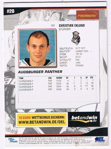 2005/2006 City-Press #002 Christian Eklund – Augsburger Panther (Serie 1 Base Card)