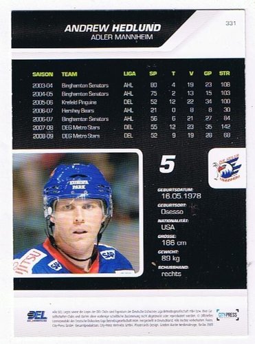 Playerkarte 2009/2010 #331 Andrew Hedlund Adler Mannheim