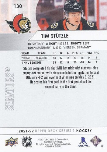 Tim Stützle Playerkarte #130 – Upper Deck 2021/2022