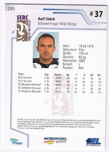 Playerkarte 2002/2003 #295 Ralf Stärk Schwenninger Wild Wings