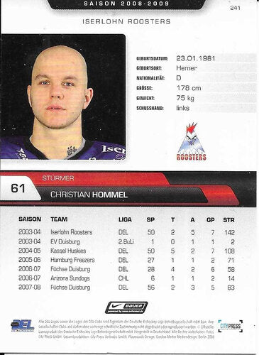 DEL Playerkarte Christian Hommel – Iserlohn Roosters 2008/2009