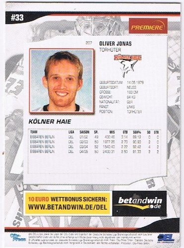 Playerkarte 2005/2006 #207 Oliver Jonas Kölner Haie