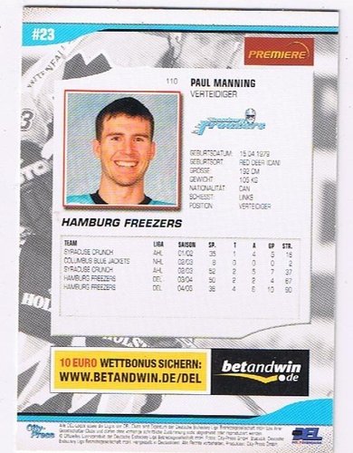 DEL Playerkarte 2005/06 – Paul Manning, Hamburg Freezers #110 (City Press)