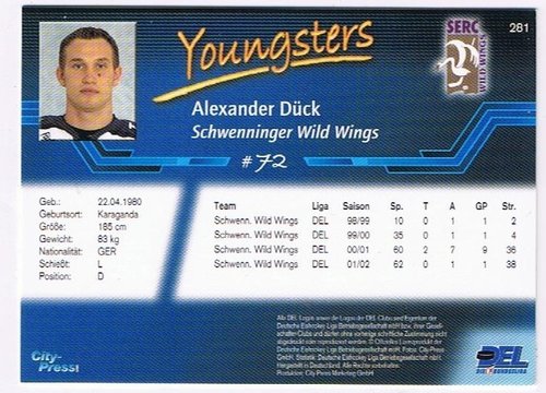 2002/2003 City-Press #281 Alexander Dück – Schwenninger Wild Wings (Youngsters Base Card)