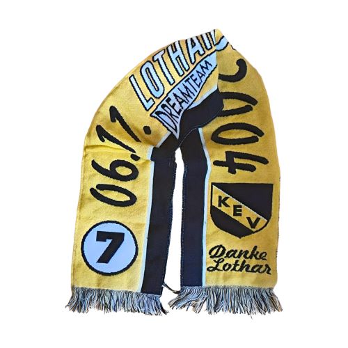 Krefeld Pinguine Schal Gedenkturnier Eishockey DEL Lothar Kremershof Fanartikel Merchandise Ein gelb-schwarzer Krefeld Pinguine Fanschal zum Lothar Kremershof Gedenkturnier 2004 in klassischer, einseitig gewebter Ausführung mit Fransen.