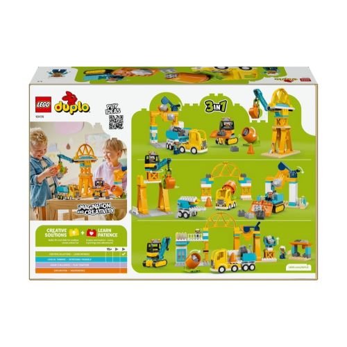 LEGO 10476 DUPLO Baustelle mit Baufahrzeugen 3 in 1 Set Rückseite der Verpackung Box mit den drei verschiedenen Umbaumöglichkeiten der Baufahrzeuge und des Krans.