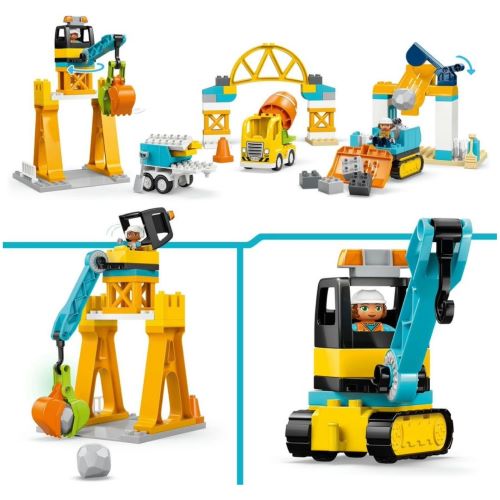 LEGO 10476 DUPLO Baustelle mit Baufahrzeugen 3 in 1 Set alternative Umbaumöglichkeiten der Klemmbaustein Modelle mit verschiedenen Baufahrzeugen und Kranvarianten.