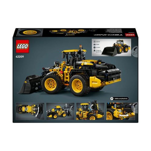 LEGO 42209 Technic Volvo L120 Electric Radlader Set Rückseite der Verpackung Box mit technischen Funktionen, Detailbildern der Zahnräder und Abmessungen des Baufahrzeugs.