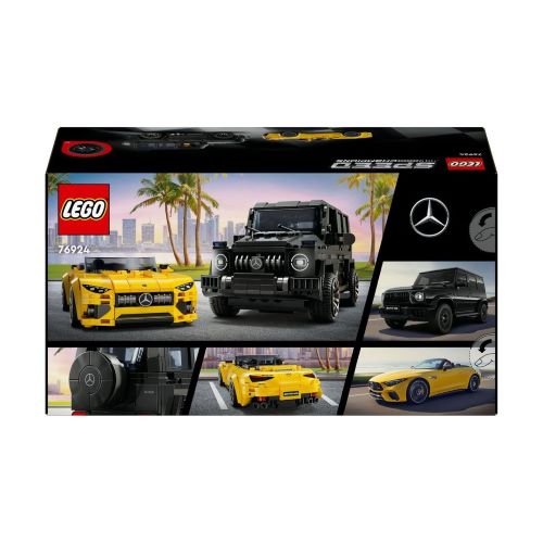 LEGO 76924 Speed Champions Mercedes-AMG G 63 und Mercedes-AMG SL 63 Set Rückseite der Verpackung mit Spielszenen, Fahrzeugdetails, Abmessungen der Modellautos und dem offiziellen Mercedes-Benz Logo.