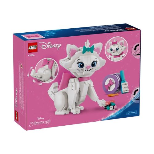 Rückseite der Produktverpackung des LEGO Disney Sets 43286 mit Detailbildern zu den Bau-Funktionen der Katze Marie, welche die verstellbaren Pfotengelenke, den drehbaren Kopf sowie das enthaltene Zubehör wie Bürste und Spielzeugmaus zeigen.