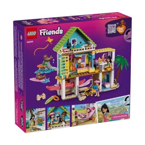 Vorderseite der bunten LEGO® Friends Verpackung des Sets 42699 Strandhaus mit Robben mit drei Spielfiguren vor einer sonnigen Strand- und Meereskulisse.