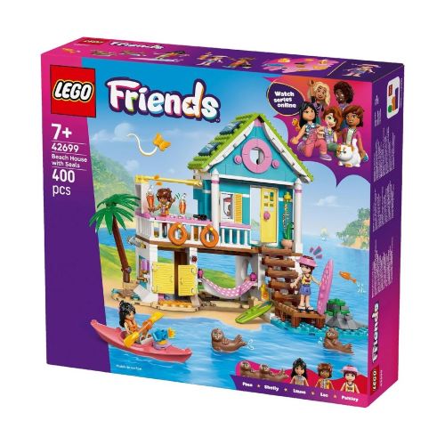 Rückseite der LEGO® Friends Verpackung des Sets 42699 mit Detailaufnahmen der Inneneinrichtung, Zimmer und Funktionen des Strandhauses.
