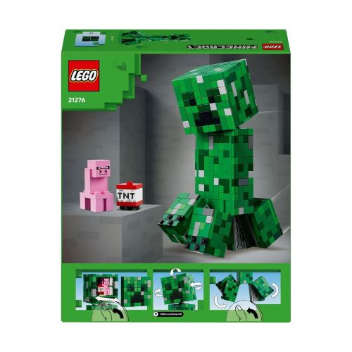 LEGO Minecraft 21276 Der Creeper Bausatz Actionfigur - Rückseite der Verpackung mit Darstellungen der beweglichen Glieder, dem versteckten TNT-Block und dem kleinen Creeper