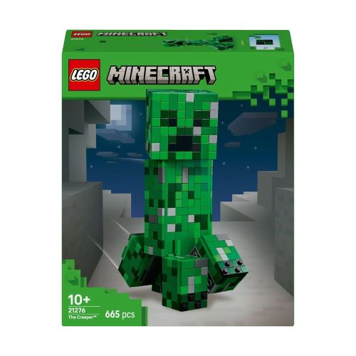 LEGO Minecraft 21276 Der Creeper Bausatz Actionfigur - Frontansicht der grünen Verpackung mit der baubaren Minecraft Creeper Figur und einem kleinen Creeper im Hintergrund