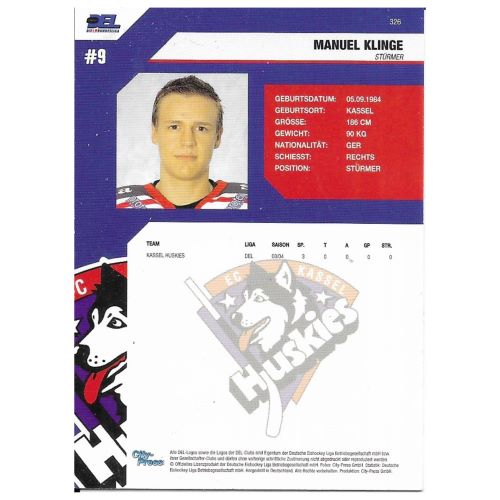 Rückseite der Manuel Klinge Eishockey-Sammelkarte mit Spielerdaten und dem Logo der Kassel Huskies (Saison 2004/05).