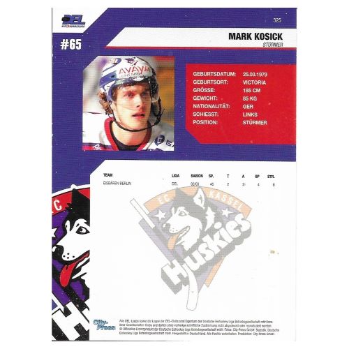 Rückseite der Mark Kosick Eishockey-Sammelkarte mit Spielerdaten und dem Logo der Kassel Huskies (Saison 2004/05).