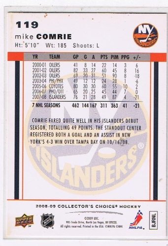 Rückseite der NHL Eishockey Playerkarte von Mike Comrie New York Islanders Upper Deck Collector's Choice 2008/2009 #119 mit Statistiken.
