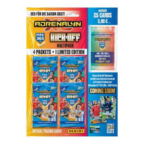 Die originalverpackte Panini FIFA 365 Saison 2026/2027 Adrenalyn XL Kickoff Multipack-Blisterpackung mit vier Kick-Off Boostern und einer Limited Edition Sonderkarte.