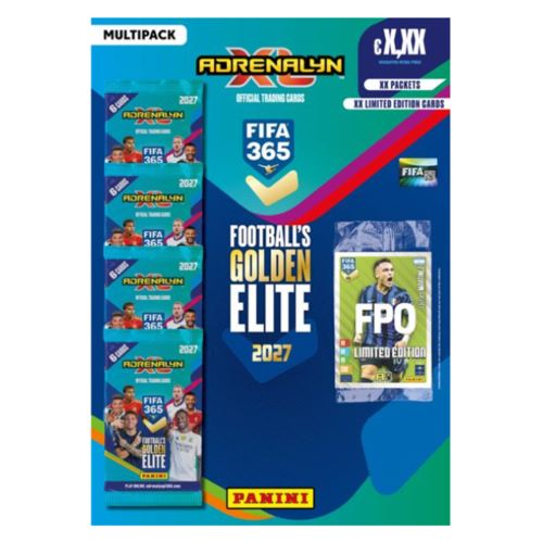 Die originalverpackte Panini FIFA 365 Saison 2026/2027 Adrenalyn XL Multipack-Blisterpackung mit fünf Boostern und zwei Limited Edition Sonderkarten.