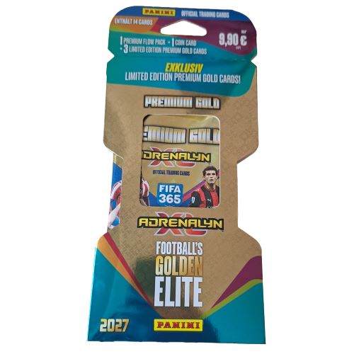 Produktbild des Panini FIFA 365 2026/2027 Adrenalyn XL Football's Golden Elite Premium Gold Packs vor hellem Hintergrund. Das Verpackungsdesign zeigt die goldene Aufschrift Football's Golden Elite, das offizielle FIFA 365 Logo, ein Action-Bild des Fußballprofis Lamine Yamal sowie einen blauen Aufdruck mit dem Hinweis Enthält 14 Cards, 1 Premium Flow Pack, 1 Coin Card und 3 exklusive Limited Edition Premium Gold Cards.