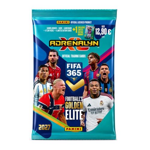 Produktbild des Panini FIFA 365 2026/2027 Adrenalyn XL Starter Sets vor hellem Hintergrund. Die Verpackung zeigt das offizielle FIFA 365 Logo, den großen Schriftzug Starter Set sowie Grafiken des offiziellen Sammelordners und der enthaltenen Booster-Packs mit Bildern internationaler Fußball-Stars. Ein blauer Aufdruck hebt die enthaltenen Limited Edition Cards hervor.