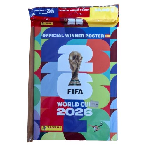 Vorderseite der Verpackung des Panini FIFA World Cup 2026 Official Winner Poster Complete Sets mit dem WM-Pokal-Logo und Hinweis auf 30 Sticker.