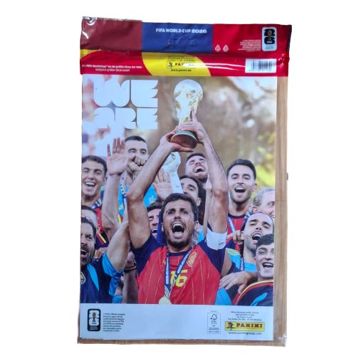 Rückseite des Panini FIFA World Cup 2026 Official Winner Poster Complete Sets mit dem großen Gewinnermotiv der spanischen Nationalmannschaft beim Titeljubel.