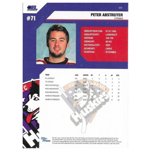 Rückseite der Peter Abstreiter Eishockey-Sammelkarte mit Spielerdaten und dem Logo der Kassel Huskies (Saison 2004/05).