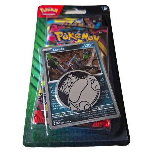 Originalverpackter deutscher Pokémon 2-Pack Blister mit sichtbarer Zarude-Promokarte und Relaxo-Sammelmünze