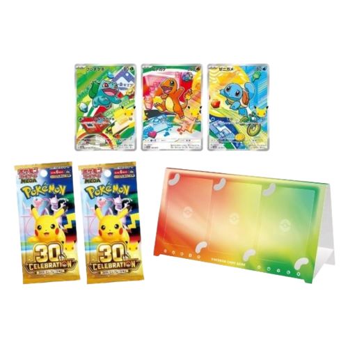  Pokémon Cards 30th Celebration Card Set Starter Trio Kanto Region Japan Neuware Produktinhalt eines japanischen Jubiläumssets bestehend aus drei Holo Promokarten von Bisasam Glumanda und Schiggy zwei 30th Celebration Booster Packs mit Pikachu Motiv sowie einem faltbaren Kartenaufsteller aus Papier.