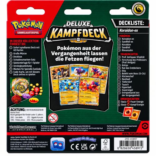Rueckseite der Verpackung des Pokemon Deluxe Kampfdecks Koraidon ex mit der gedruckten Deckliste und enthaltenem Zubehoer