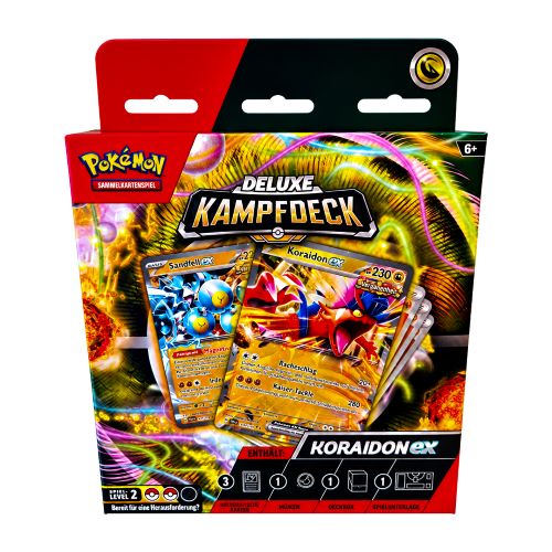 Vorderseite der Verpackung des Pokemon Deluxe Kampfdecks Koraidon ex mit zwei sichtbaren holografischen Karte