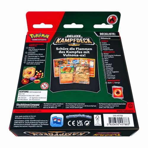 Rueckseite der Verpackung des Pokemon Deluxe Kampfdecks Vulnona ex mit der gedruckten Deckliste und enthaltenem Zubehoer