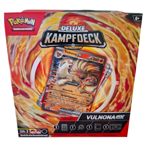 Vorderseite der Verpackung des Pokemon Deluxe Kampfdecks Vulnona ex mit der holografischen Promokarte im Fokus