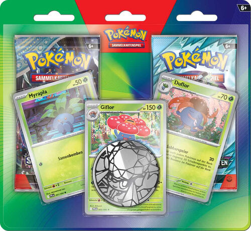 Pokémon Enhanced 2-Pack Blister 2026 mit den drei Holo-Promokarten Delfinator, Espinodon und Saltigant, zwei originalen Boosterpacks und einer Pokémon-Münze.
