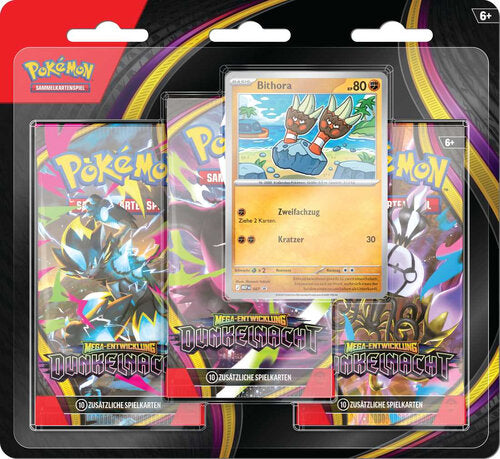 Originalverpacktes Pokémon ME05 Dunkelnacht 3-Pack Blister in deutscher Sprachausgabe mit drei Boosterpacks und der holografischen Bithora Promokarte.