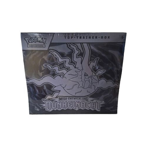 Originalverpackte deutsche Pokémon Top-Trainer-Box aus der Erweiterung Mega-Entwicklung Dunkelnacht mit Darkrai-Artwork
