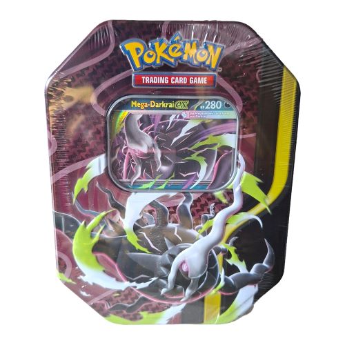 Pokémon Sammelkarten-Tin-Box mit Mega-Darkrai EX (280 KP) in der ungeöffneten Originalverpackung (OVP). Die Metallbox zeigt ein dynamisches Artwork von Darkrai.