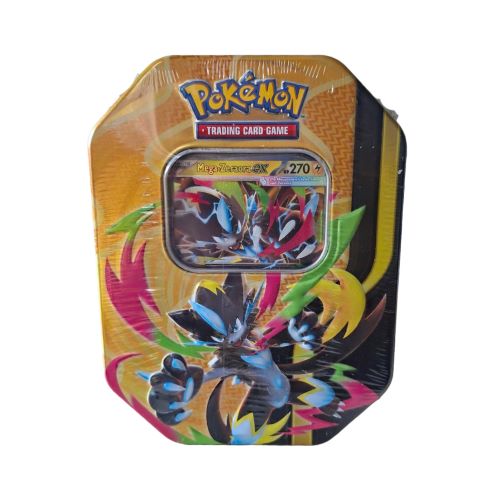 Pokémon Sammelkarten-Tin-Box mit Mega-Zeraora-ex (270 KP) in der ungeöffneten Originalverpackung (OVP). Die Metallbox zeigt ein farbenfrohes, dynamisches Artwork von Zeraora.