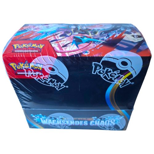 Originalverpacktes Pokémon TCG Booster Display der Edition Wachsendes Chaos in der deutschen Version vor weißem Hintergrund