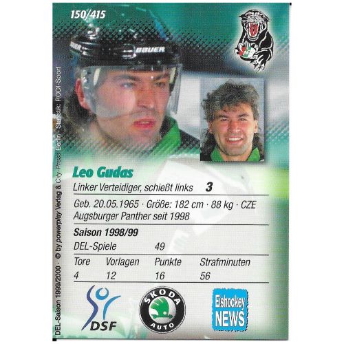 Rückseite der 1999/2000 Powerplay #150 Eishockey-Sammelkarte von Leo Gudas mit Spielerstatistiken der DEL-Saison 1998/99 und Vereinslogos